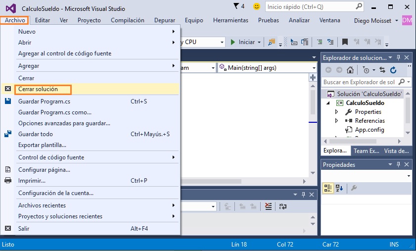 Cerrar solucion visual studio