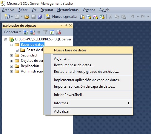 creacion base de datos con el SQL Server Management Studio