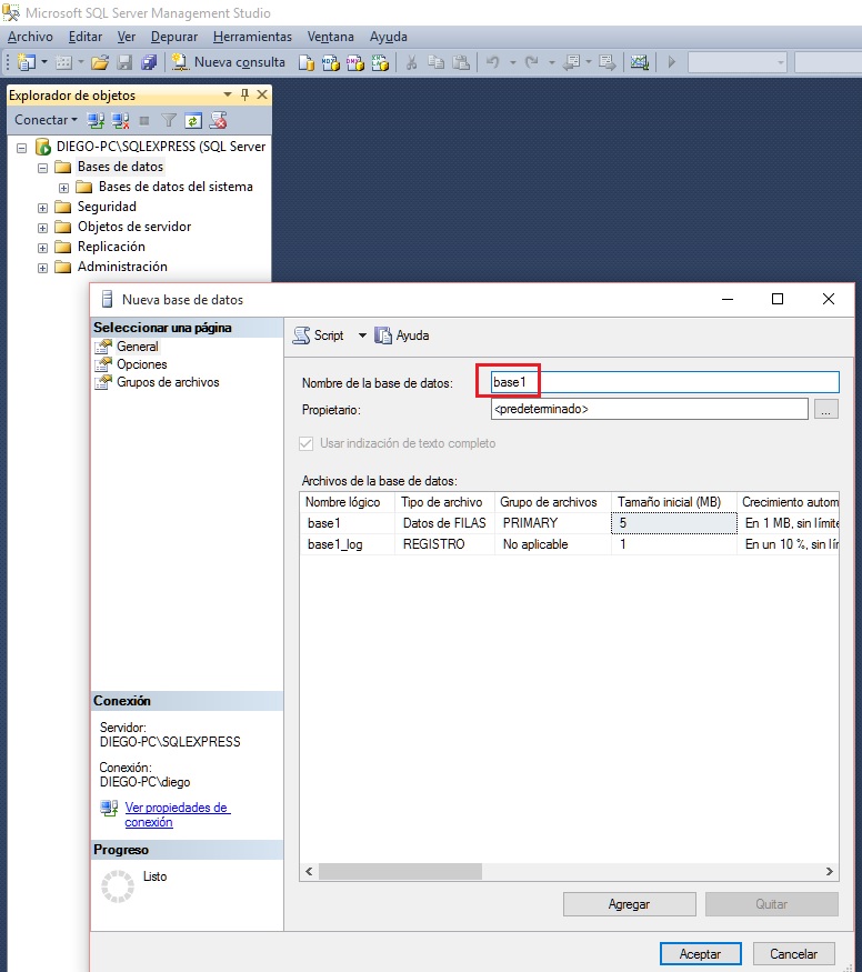 creacion base de datos con el SQL Server Management Studio