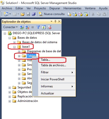 creacion de una tabla con el SQL Server Management Studio