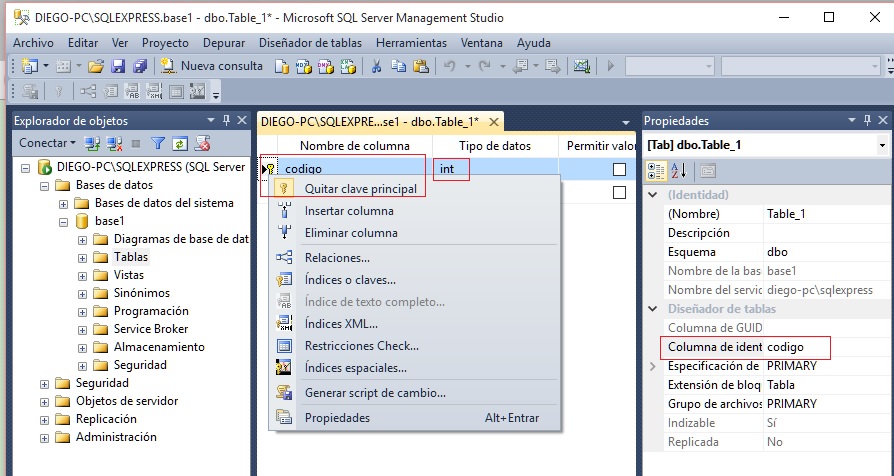 creacion de una tabla con el SQL Server Management Studio