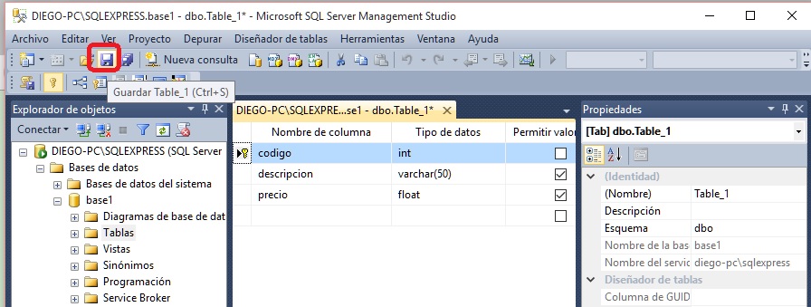 creacion de una tabla con el SQL Server Management Studio