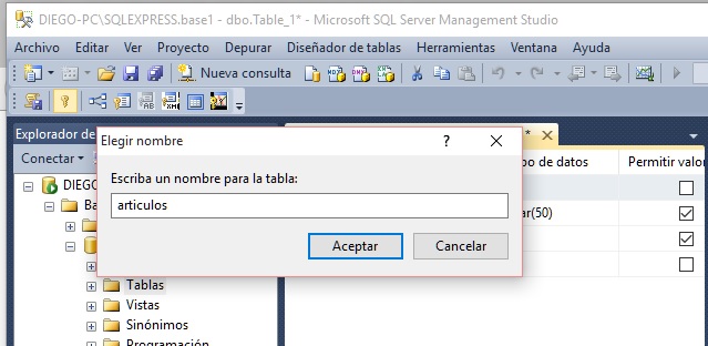 creacion de una tabla con el SQL Server Management Studio