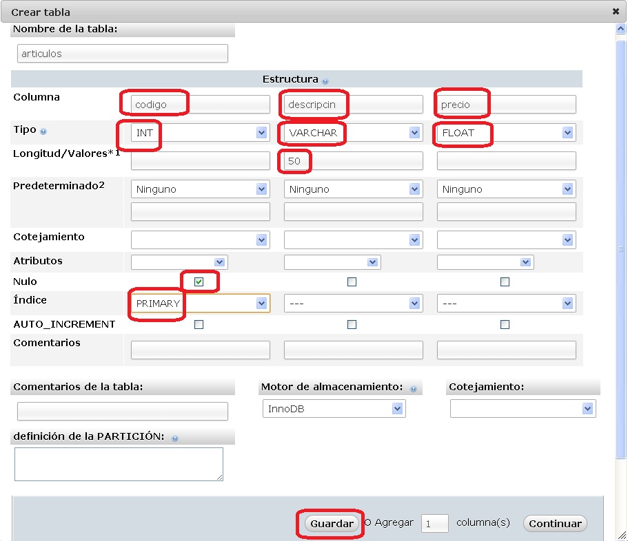 creacion tabla MySQL