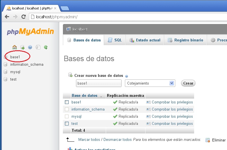 PHPMyAdmin creación de una base de datos