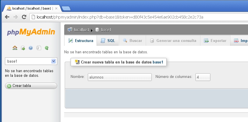 PHPMyAdmin creación de una tabla